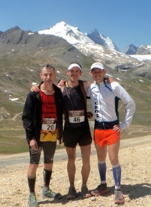 L to R: Andrew Duffus, James Stewart and Ben Duffus after the Kilomètre Vertical Face De Bellevarde
